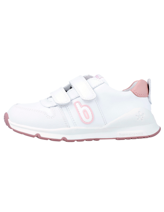 Zapato Basico Biomecanics Blanco-Rosa con Dos Velcros para Niña