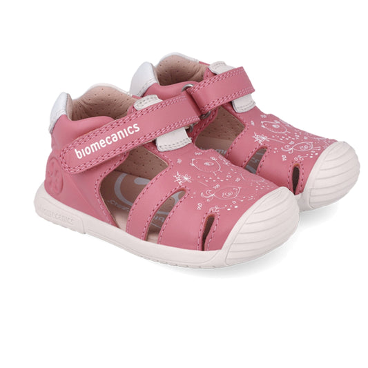 Sandalia Niña Piel Rosa con Velcro y Estampado - BIOMECANICS