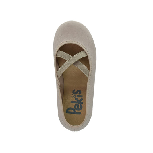 Zapato de niña en lona beige con elástico cruzado – Pekis