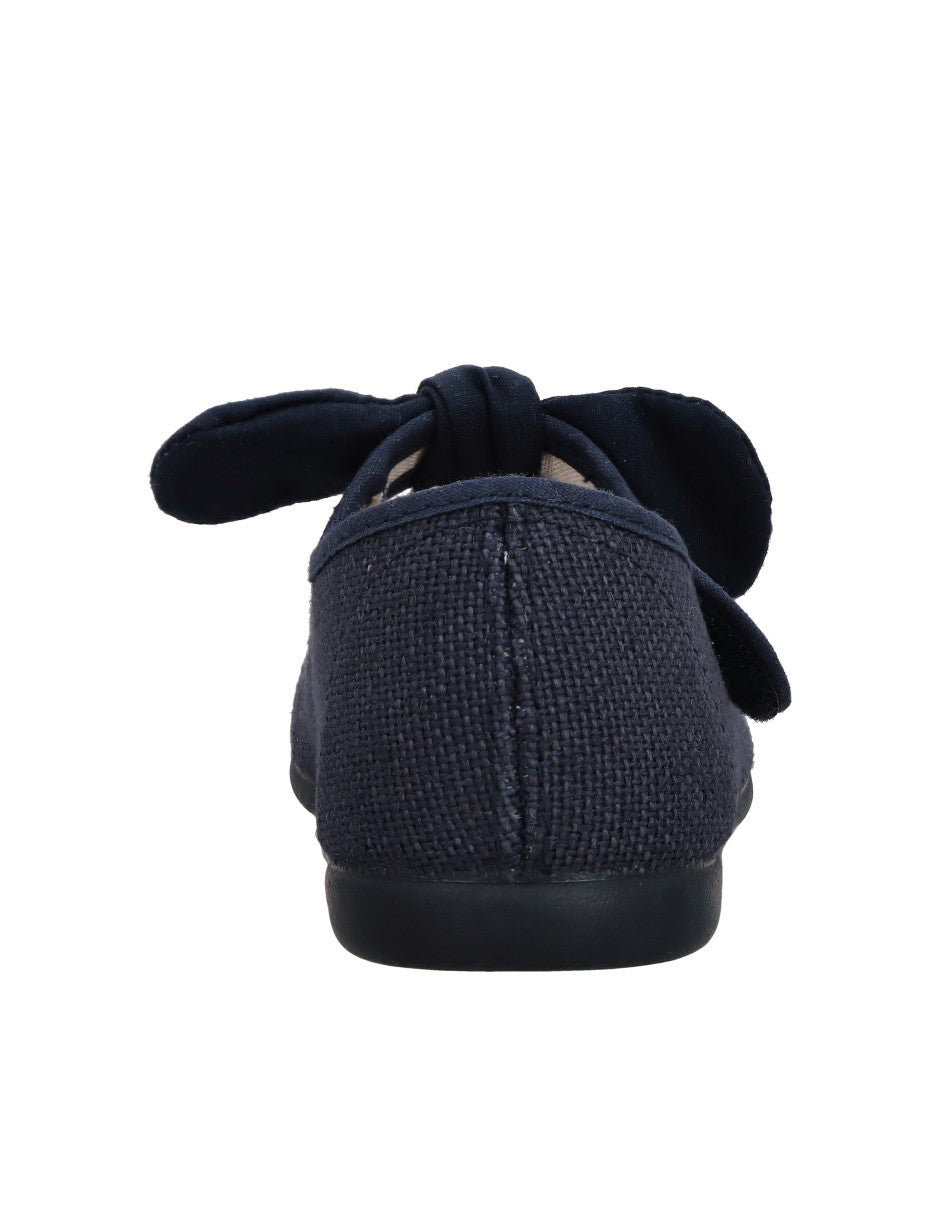 Zapato Tokolate Moño Lino Con Velcro Marino para Niña