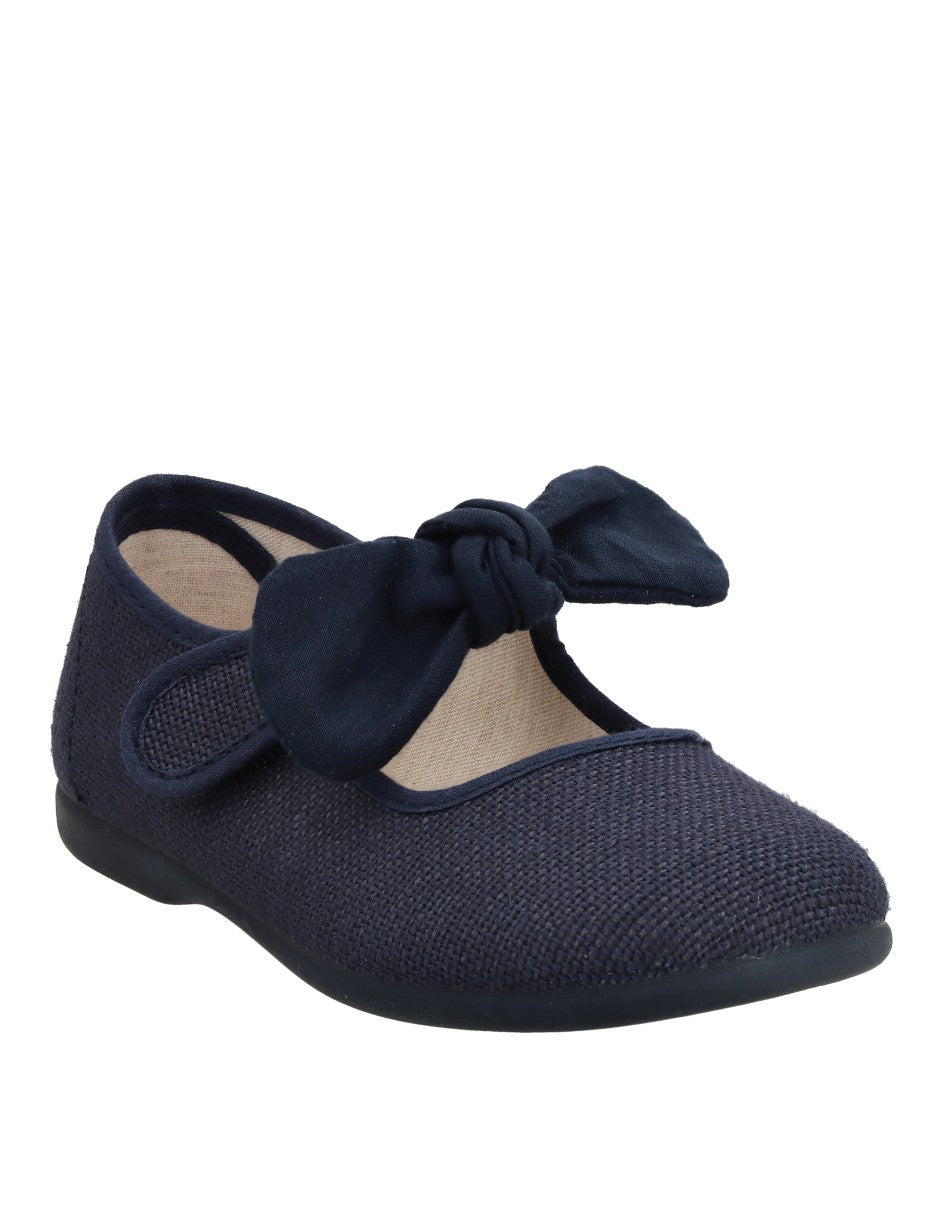 Zapato Tokolate Moño Lino Con Velcro Marino para Niña