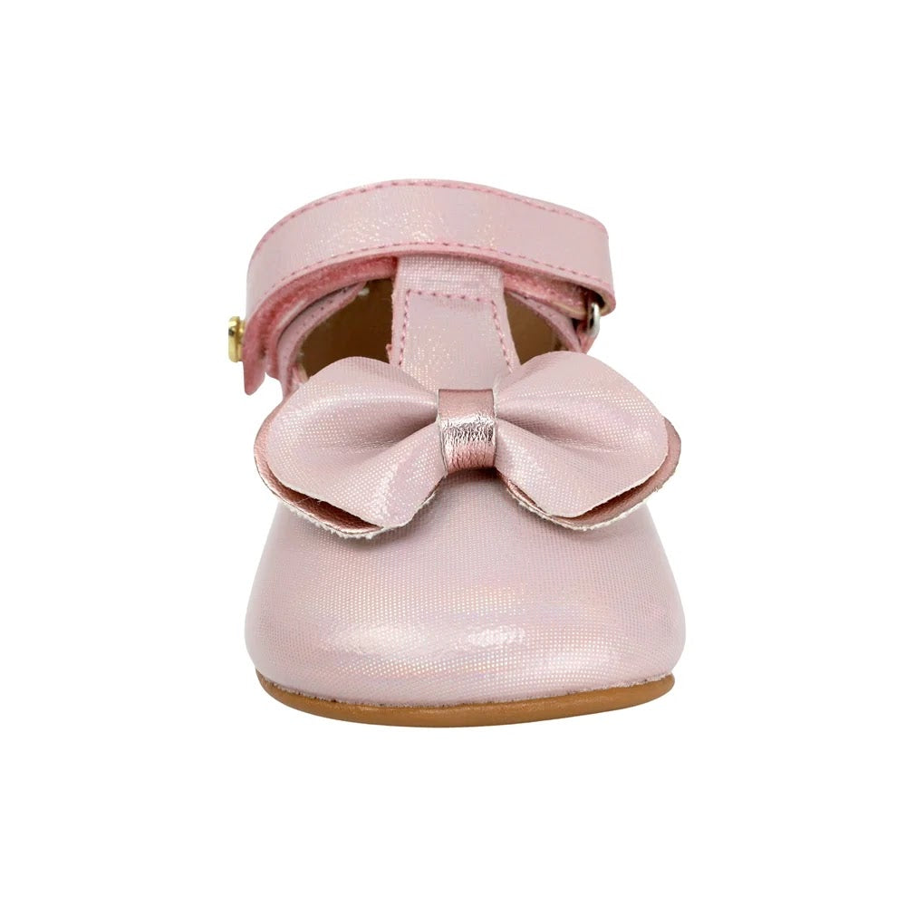 ZAPATO ROSA PARA BEBE SIN SUELA CHAROL MOÑO