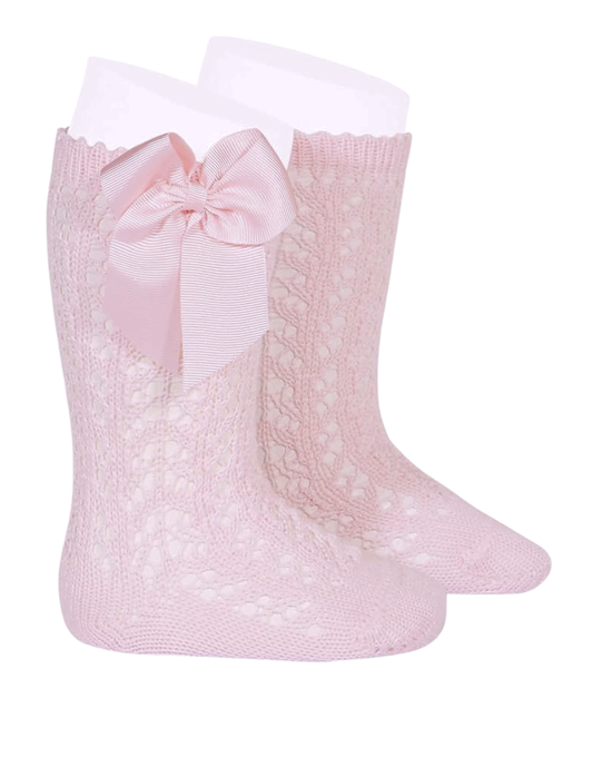 Calcetines Altos de Perlé Calado Rosas con Lazo Grogén Lateral para Niña