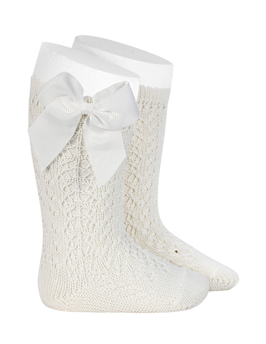 Calcetines Altos de Perlé Calado Nata con Lazo Grogén Lateral para Niña