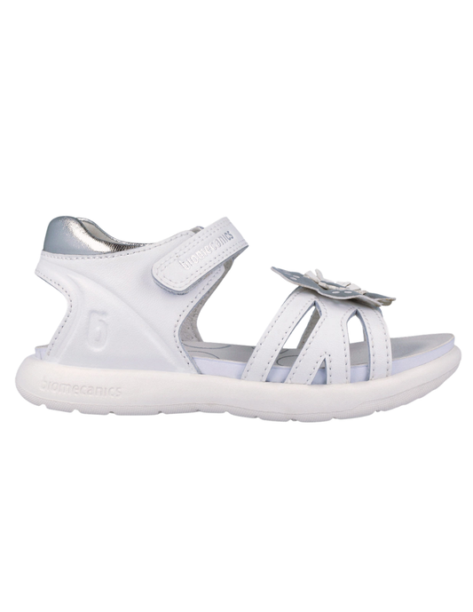 Sandalia Biomecanics Blanco con Velcro y Flor para Niña