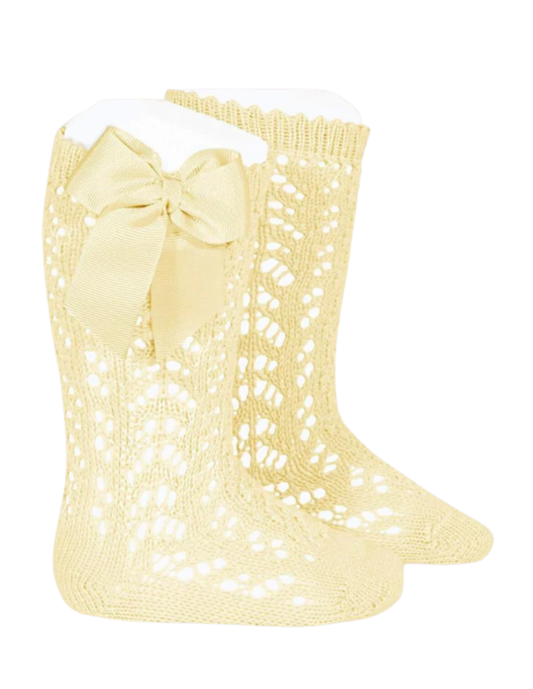 Calcetines Altos de Perlé Calado Matequilla con Lazo Grogén Lateral para Niña
