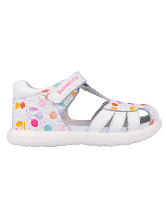 Sandalia Biomecanics Blanco con Puntera Velcro y Estampado para Niña