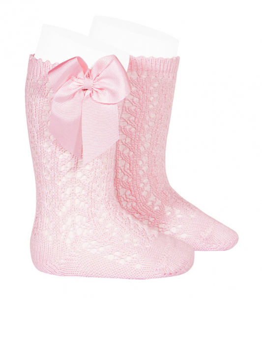 Calcetines Altos de Perlé Calado Rosas con Lazo Grogén Lateral para Niña