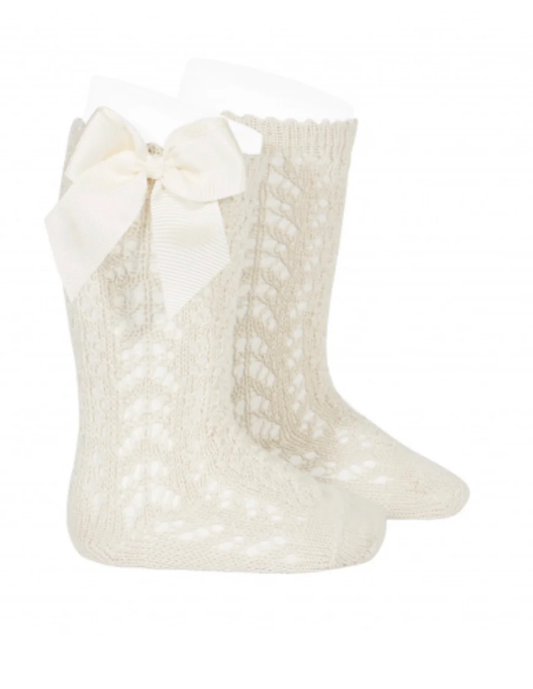 Calcetines Altos de Perlé Calado Lino con Lazo Grogén Lateral para Niña