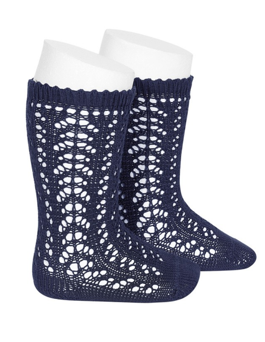 Calcetines Altos de Perlé Calado Azul Marino para Niña