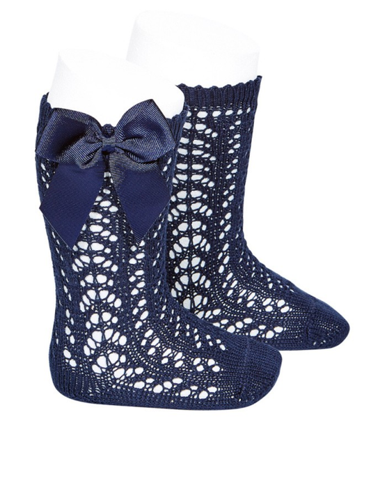 Calcetines Altos de Perlé Calado Azul Marino con Lazo Grogén Lateral para Niña