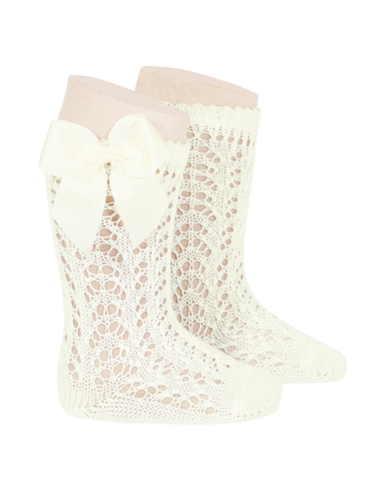 Calcetines Altos de Perlé Calado Cava con Lazo Grogén Lateral para Niña