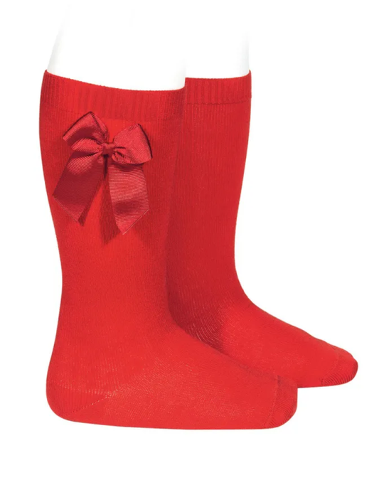 Calcetines Altos Rojos con Lazo Grogén Lateral para Niña