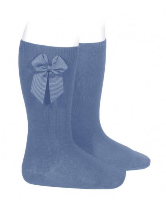 Calcetines Altos Azules con Lazo Grogén Lateral para Niña