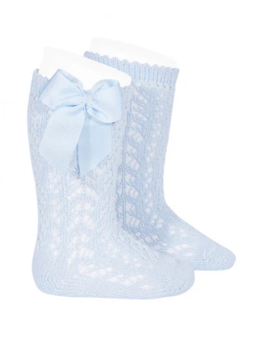 Calcetines Altos de Perlé Calado Azules con Lazo Grogén Lateral para Niña