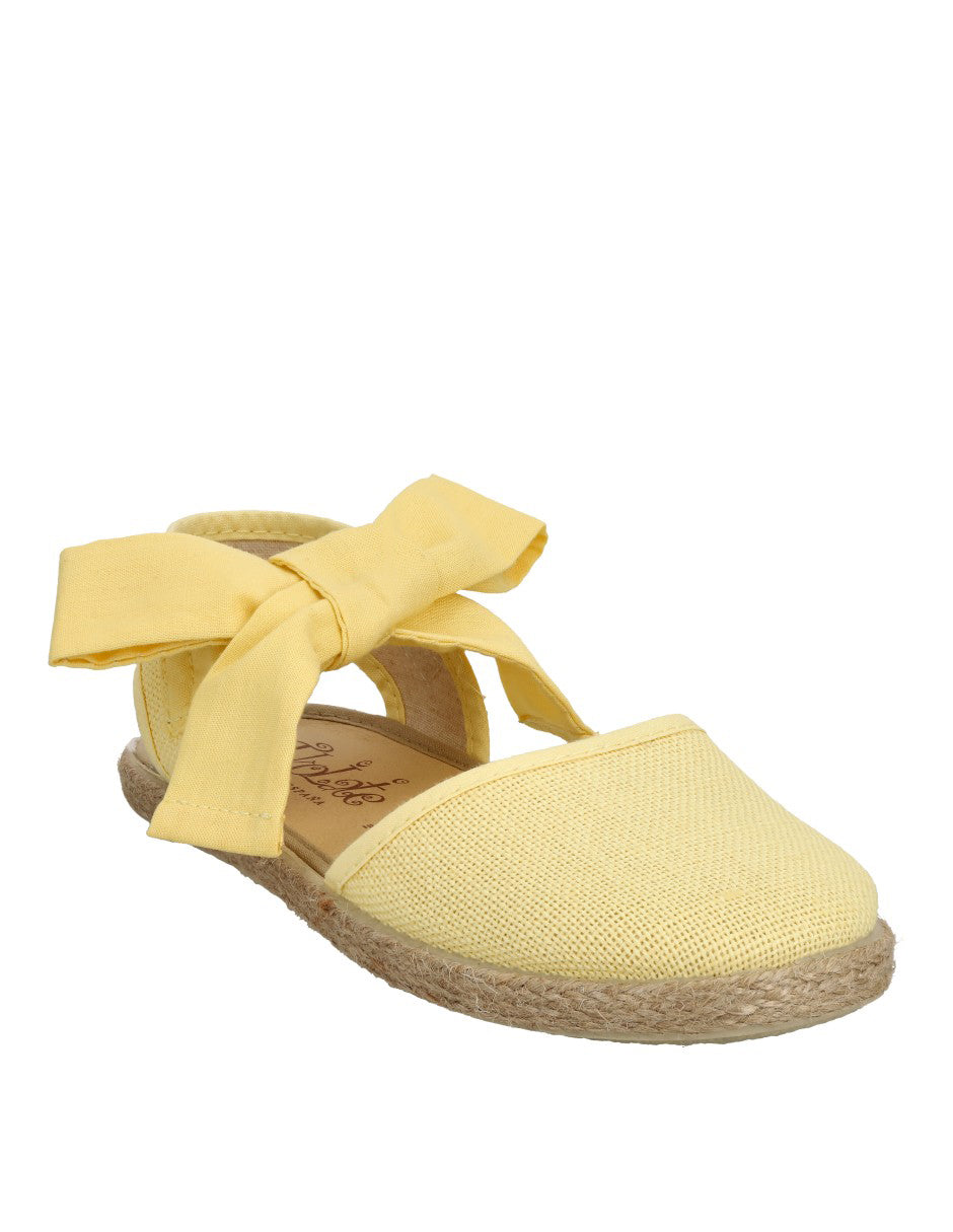 Alpargata Tokolate en Lino Amarillo con Cintas para Niña