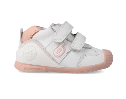 Tenis Biomecanics Blancos y Rosa con Dos Velcros para Bebé