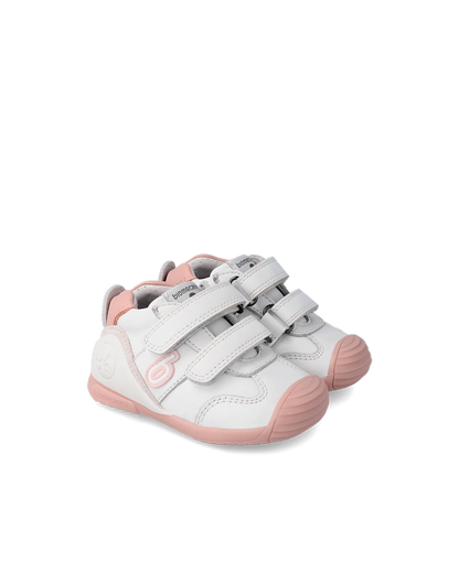 Tenis Biomecanics Blancos y Rosa con Dos Velcros para Bebé