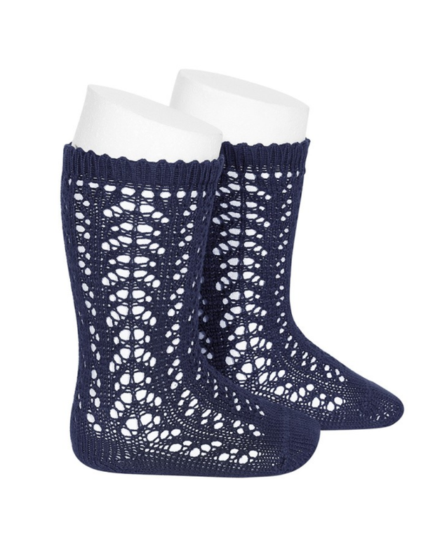 Calcetas Altas de Perlé Calado Azul Marino para Niña