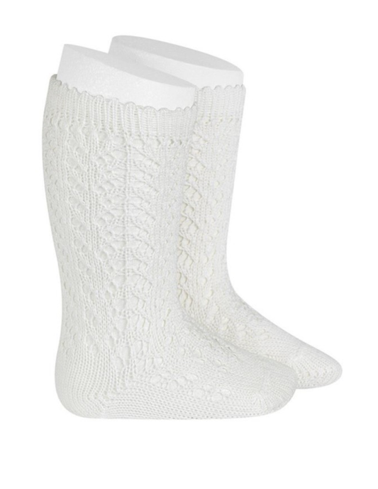 Calcetines Altos de Perlé Calado Nata para Niña