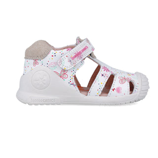 Sandalia Niña Piel Blanca con Estampado y Velcro - BIOMECANICS