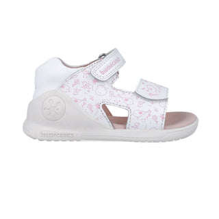 Sandalia Niña Piel Blanca con Estampado y Velcro - Biomecanics
