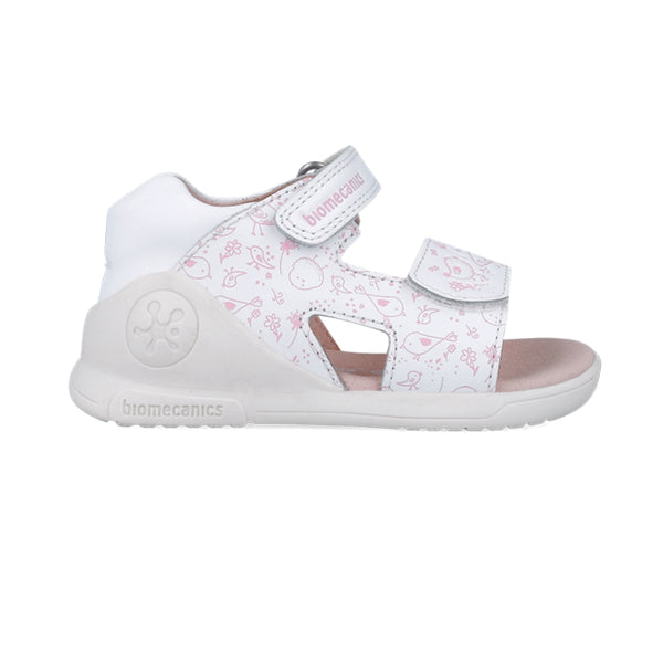 Sandalia Niña Piel Blanca con Estampado y Velcro - Biomecanics