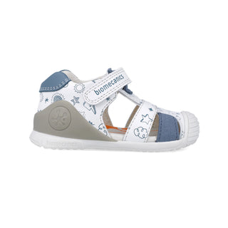 Sandalia Niño Con Velcro Blanco y Azul BIOMECANICS