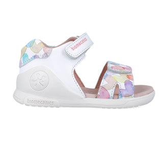 Sandalia Niña Piel Blanca con Velcro y Estampado Multicolor - Biomecanics