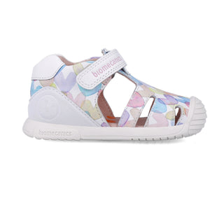 Sandalia Niña Piel Blanca con Estampado Multicolor y Velcro - BIOMECANICS