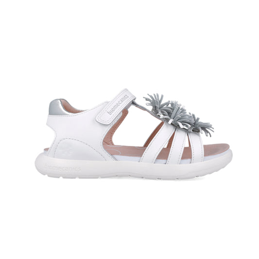Sandalia Niña Piel Blanca con Pompón Plateado - BIOMECANICS