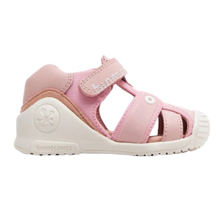 Sandalia Niña Piel Rosa con Velcro y Detalle de Ojillos - BIOMECANICS