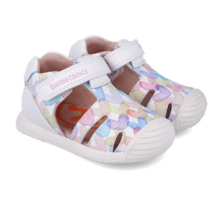 Sandalia Niña Piel Blanca con Estampado Multicolor y Velcro - BIOMECANICS