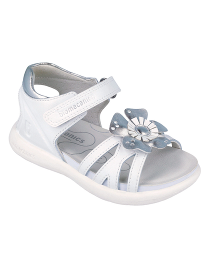 Sandalia Biomecanics Blanco con Velcro y Flor para Niña