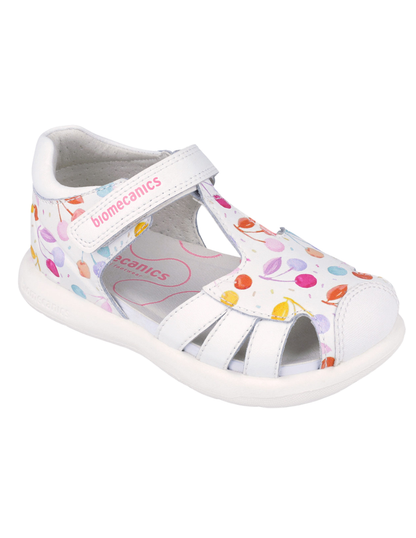 Sandalia Biomecanics Blanco con Puntera Velcro y Estampado para Niña