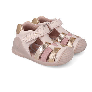 Sandalia Niña Piel Rosa y Dorado con Velcro - BIOMECANICS
