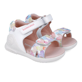 Sandalia Niña Piel Blanca con Velcro y Estampado Multicolor - Biomecanics