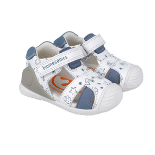 Sandalia Niño Con Velcro Blanco y Azul BIOMECANICS