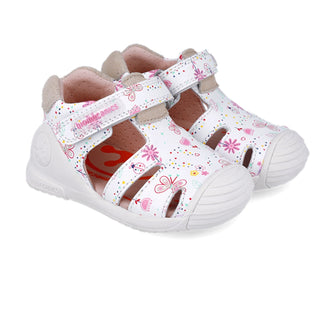 Sandalia Niña Piel Blanca con Estampado y Velcro - BIOMECANICS