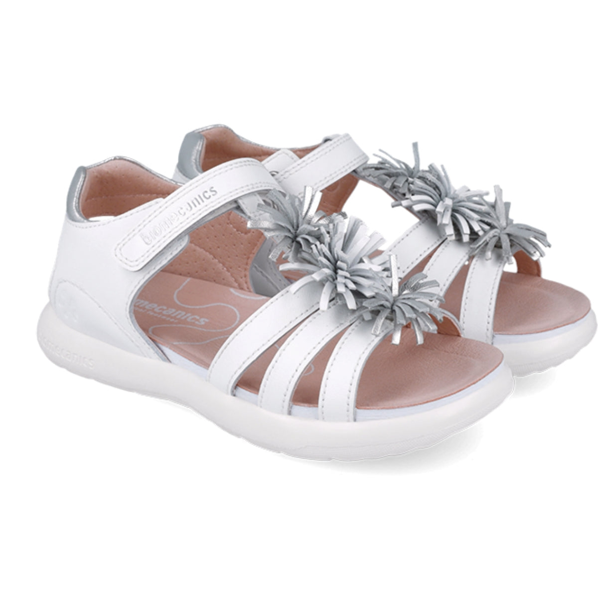Sandalia Niña Piel Blanca con Pompón Plateado - BIOMECANICS