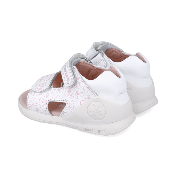 Sandalia Niña Piel Blanca con Estampado y Velcro - Biomecanics