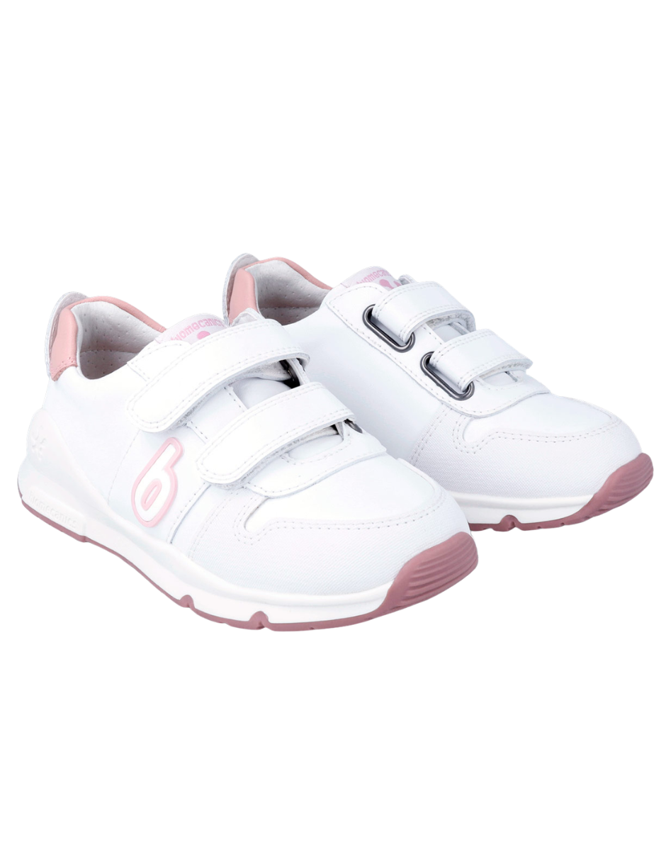 Zapato Basico Biomecanics Blanco-Rosa con Dos Velcros para Niña
