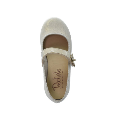 Zapatos Tokolate Color Perla con Velcro y Flor Decorativa  para Niña