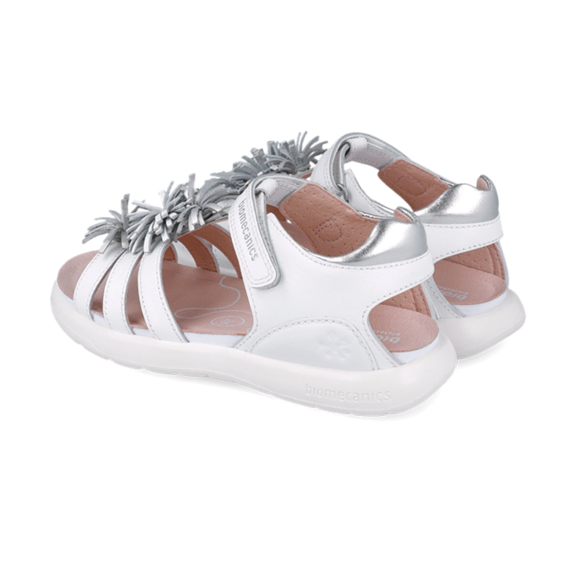 Sandalia Niña Piel Blanca con Pompón Plateado - BIOMECANICS