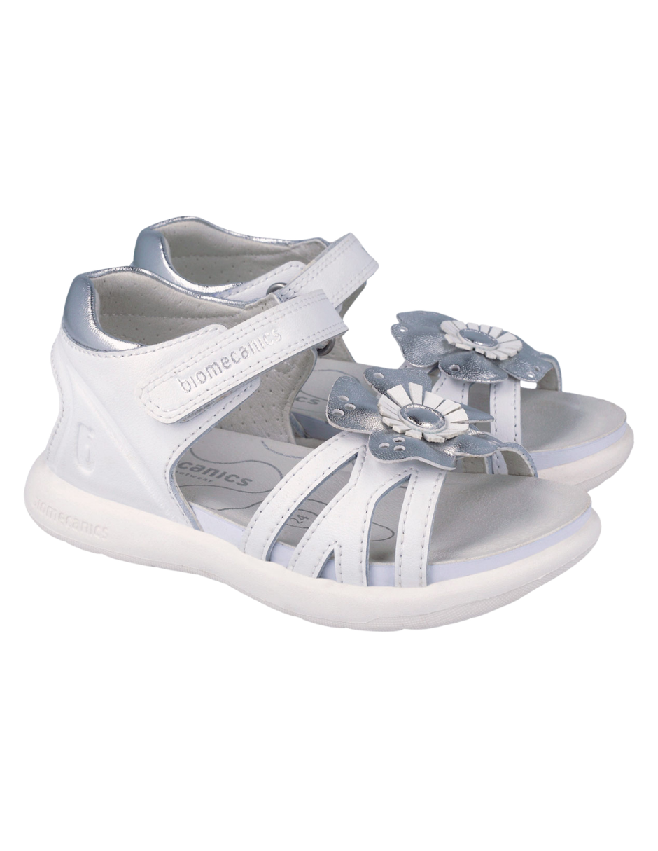 Sandalia Biomecanics Blanco con Velcro y Flor para Niña