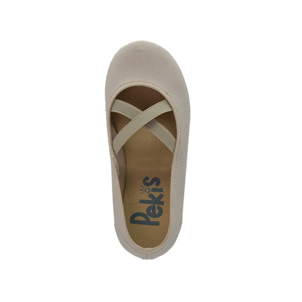 Balerina Pekis de Lona Beige con Elástico Cruzado para Niña