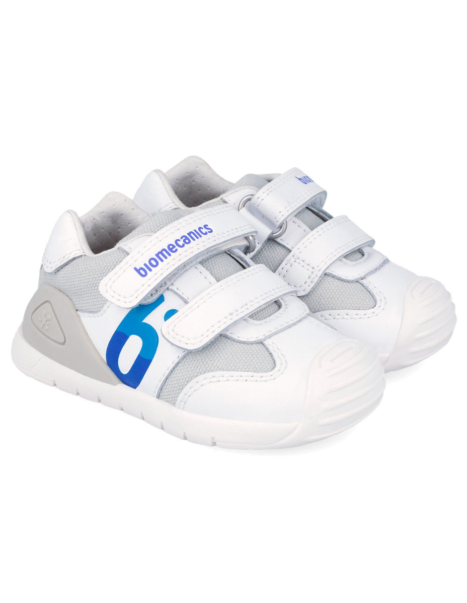 Zapato Biomecanics Blanco-Azul con Dos Velcros B para Bebe