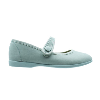Zapato de niña en lona verde agua con velcro y botón – Pekis