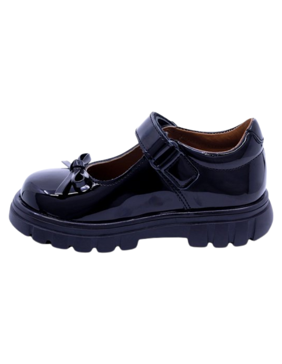 Zapato Coqueta Escolar Charol Moño Con Velcro Negros para Niña