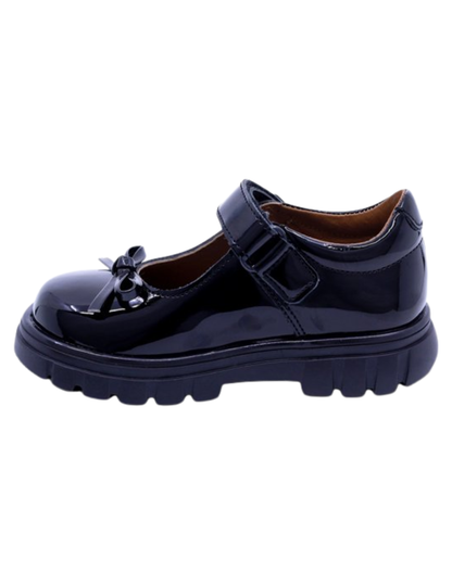 Zapato Coqueta Escolar Charol Moño Con Velcro Negros para Niña